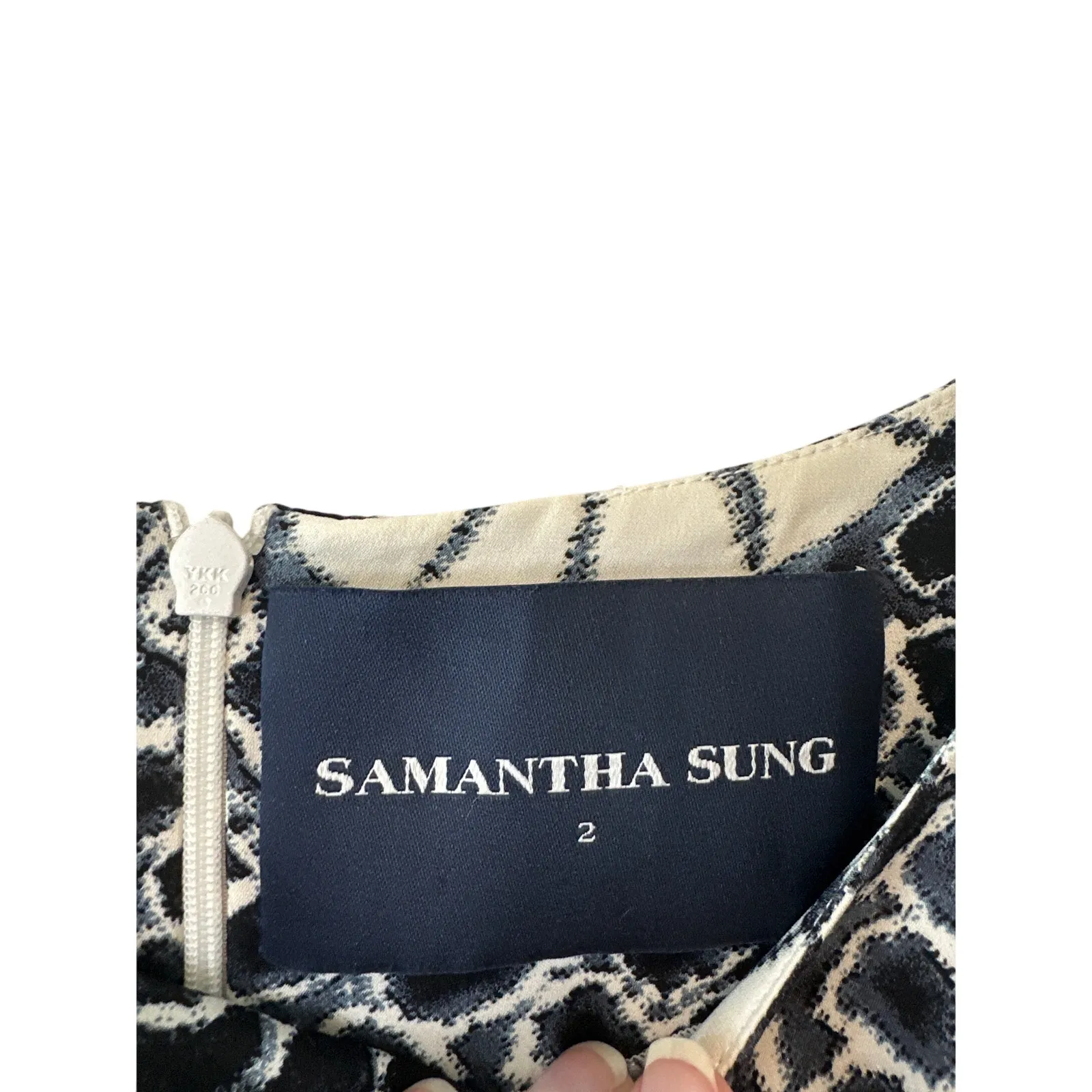 Samantha Sung Navy & White 100% Silk Scoop Neck Dress Size 2 Blue - Image 4