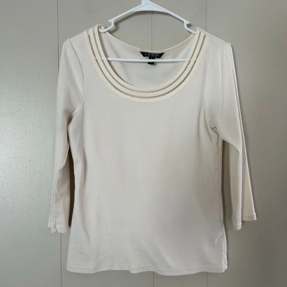Lauren Ralph Lauren Cream Embellished Scoop Neck Top | 3/4 Sleeve | Size Medium - Image 3