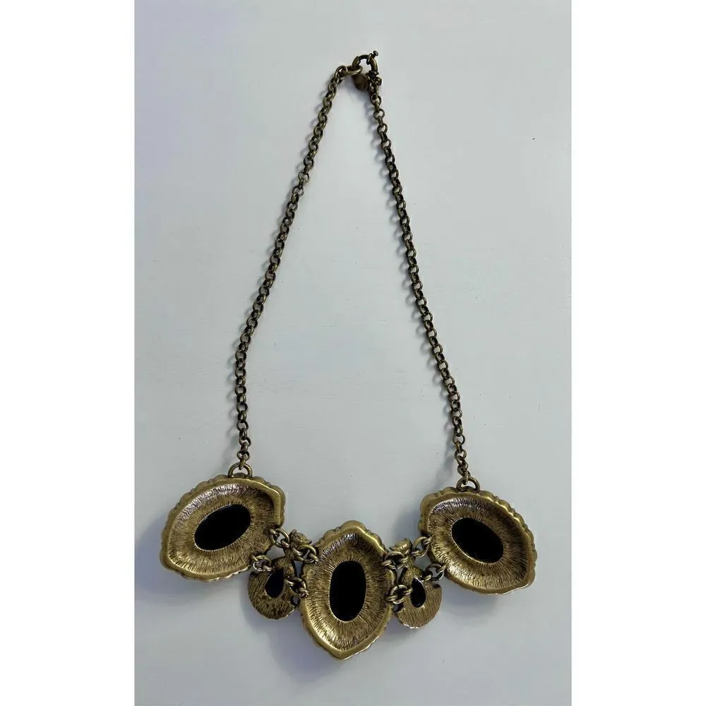 J.Crew Faux Black Onyx Turquoise Rhinestone Statement Necklace Antique Gold Tone Blue - Image 10