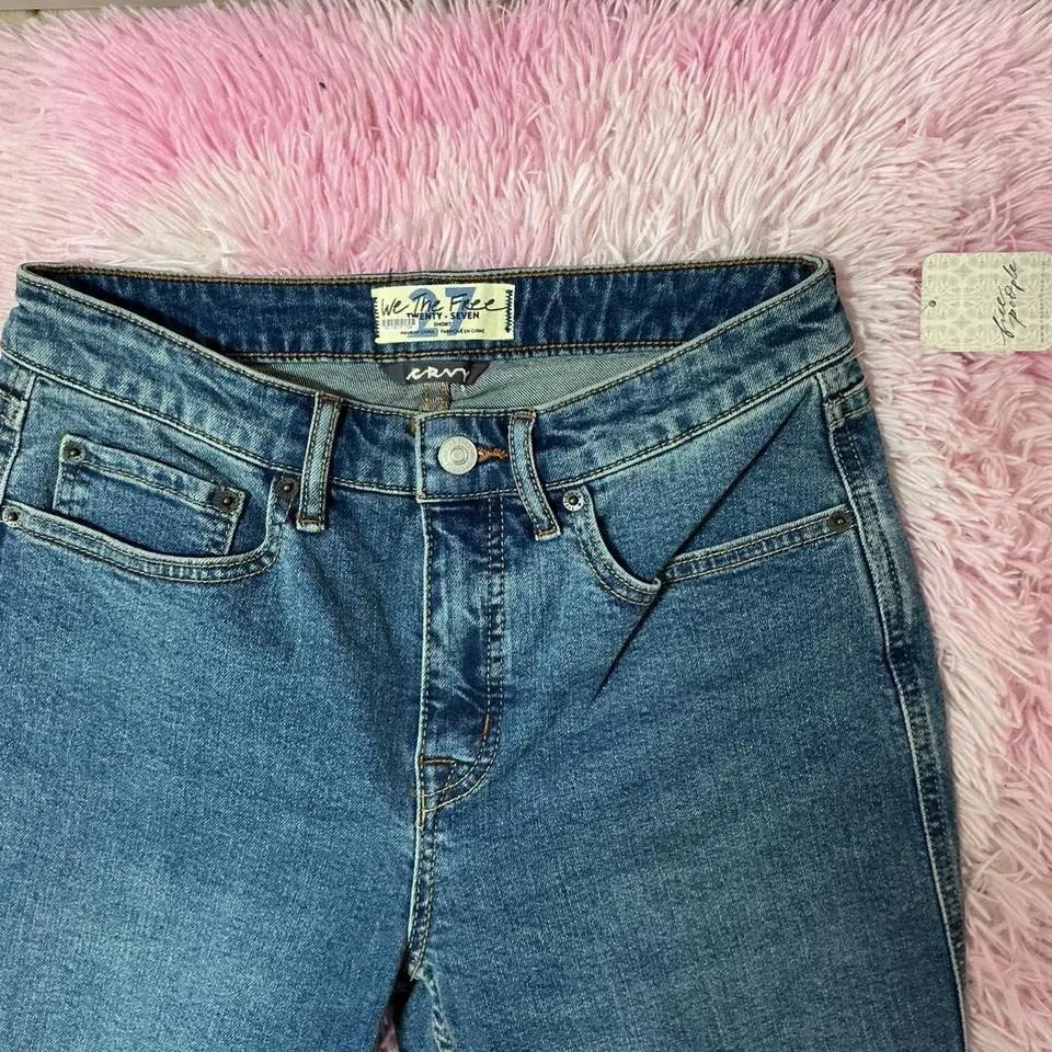 Free People Denim High Rise Cropped Bootcut Jeans Raw‎ Hem Dark Wash 27S - Image 5