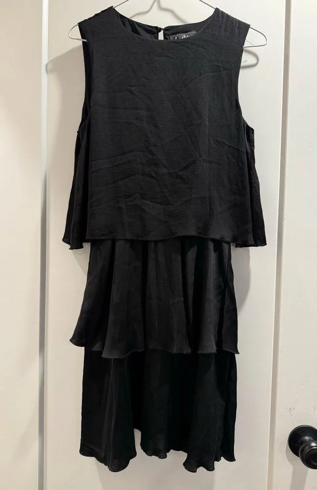 Sam Edelman Black Satin Sleeveless Tiered Ruffled Shift Minidress Size 2 - Image 3