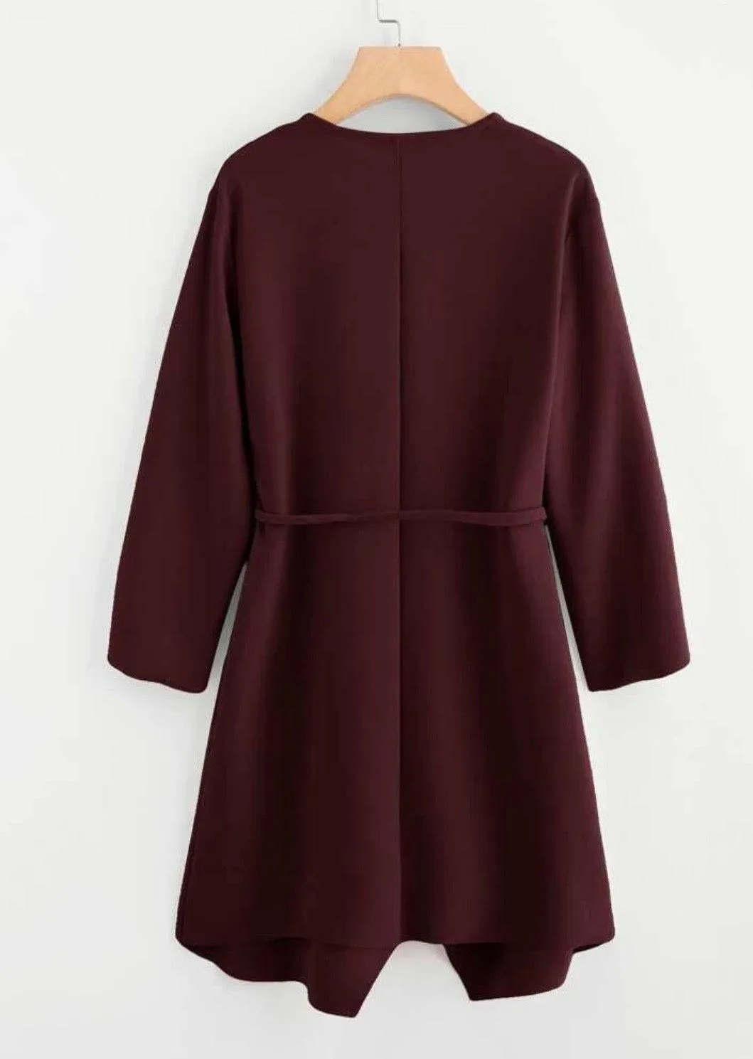 Maroon Waterfall Collar Wrap Front Coat - Image 5