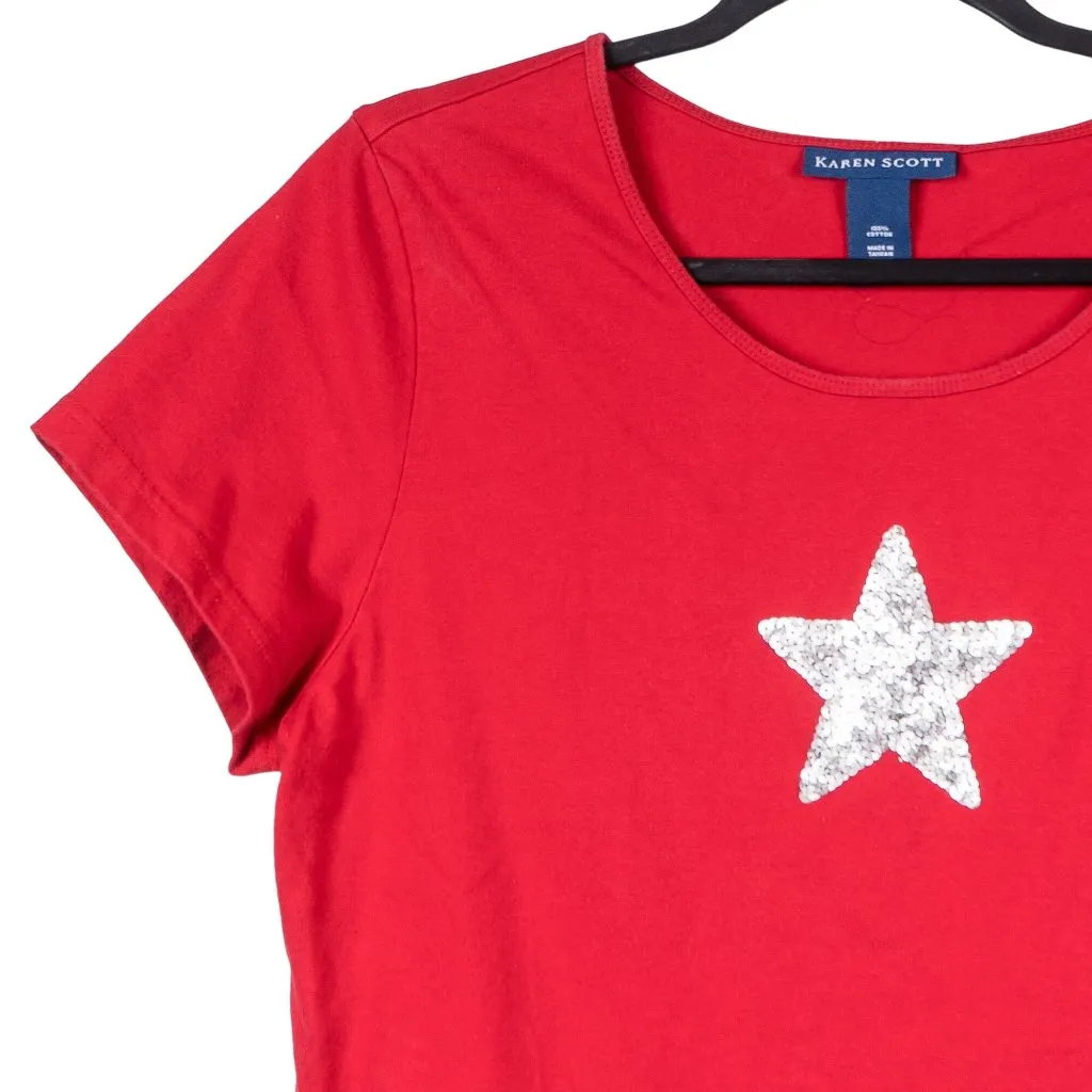 Karen Scott Sequin Star Tshirt L Womens Red Silver Patriotic USA 4th of July - Image 2