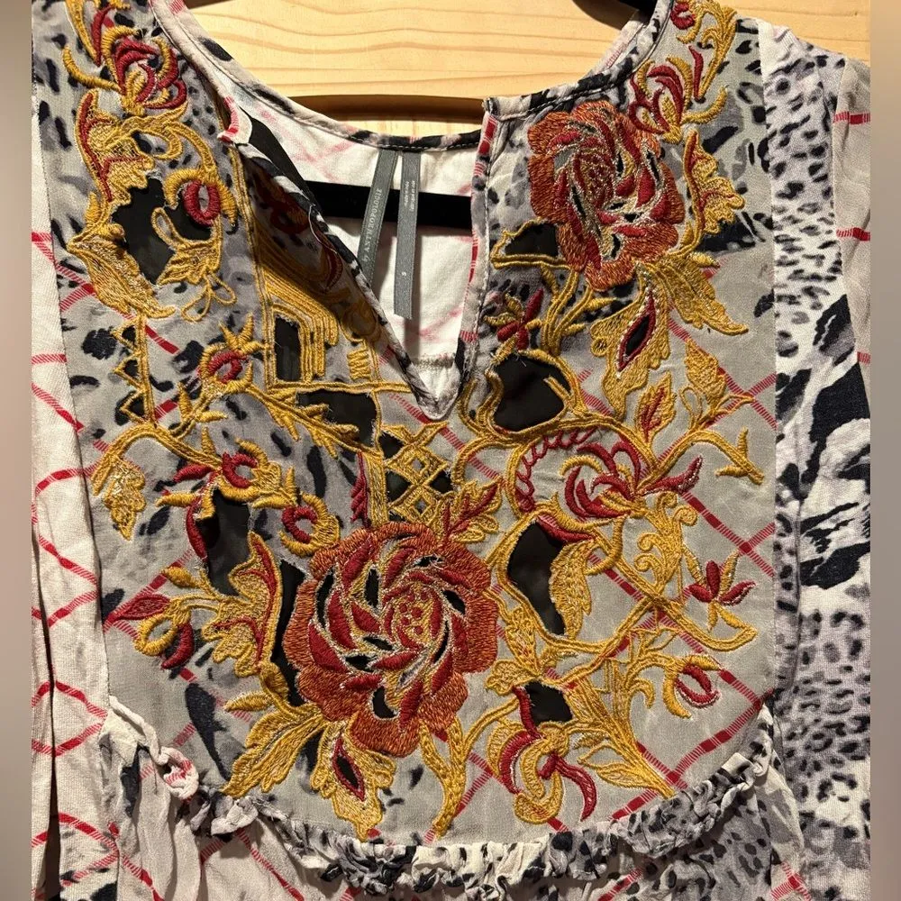 Anthropologie Boho Embroidered Floral Blouse Mixed Print Balloon Sleeve Small - Image 5