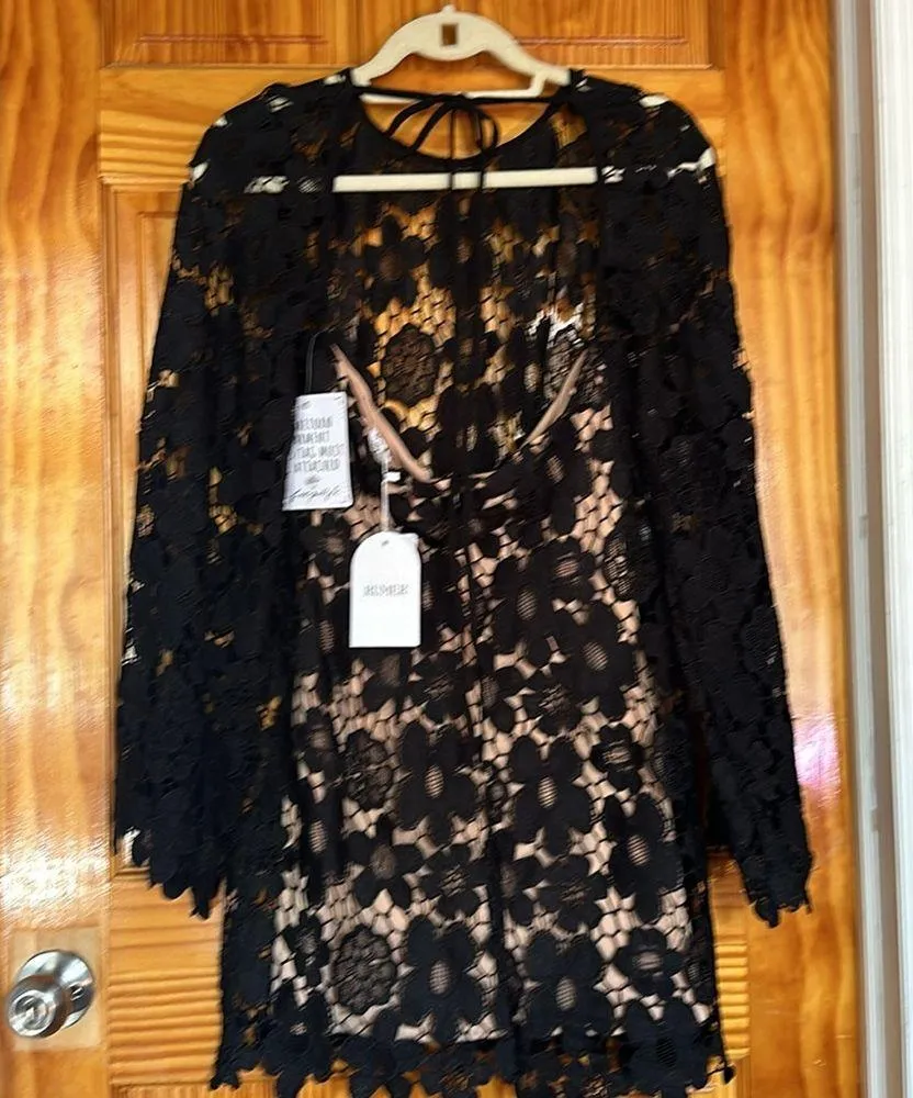 RUMER The Label Remi Mini Dress Black Crochet Floral Size L - Image 6