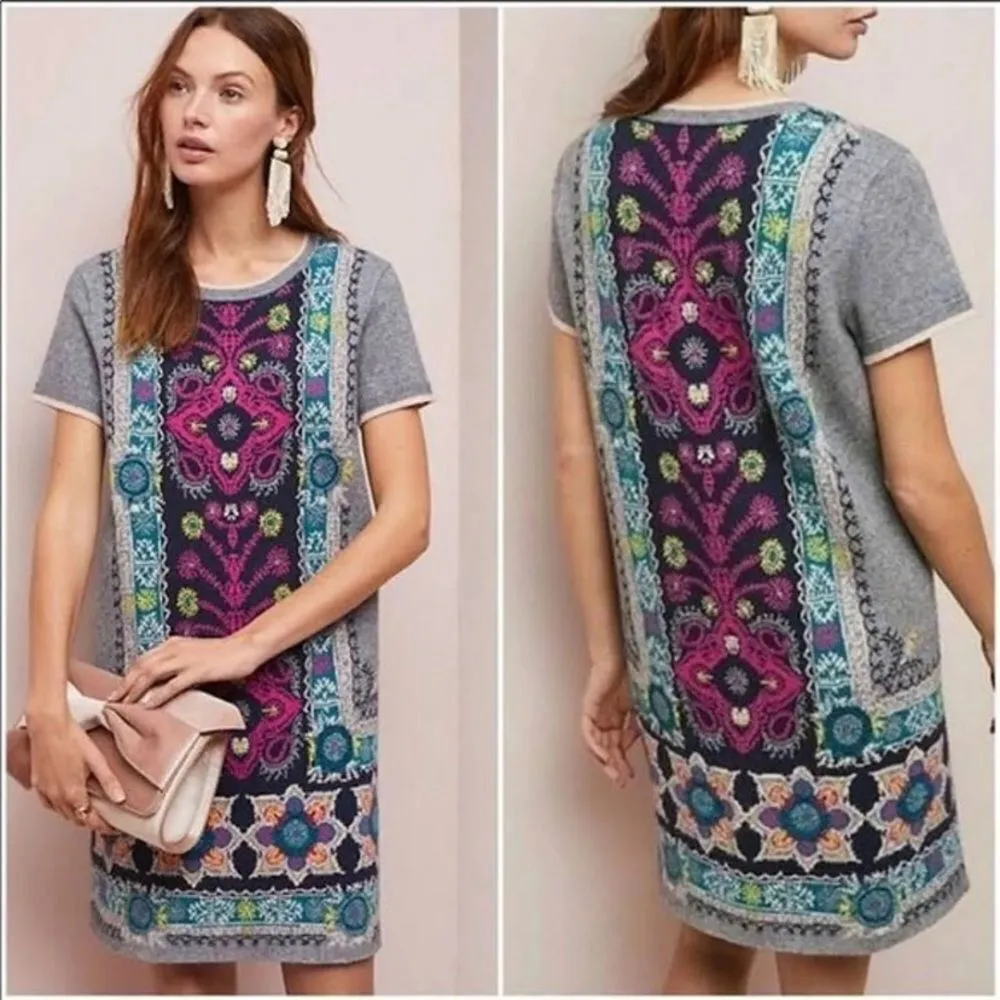 Akemi+Kin Anthropologie Kaleidoscope Sweater Dress Short Sleeve Floral Gre Sz.Xs - Image 2