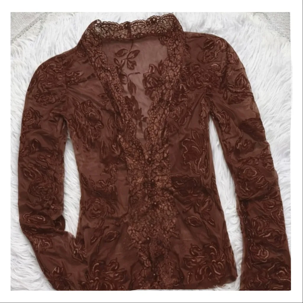 SHEIN BAE Women's Brown Long Sleeve Deep V-Neck Flocked/ Lace Top/ Brand New - Image 3