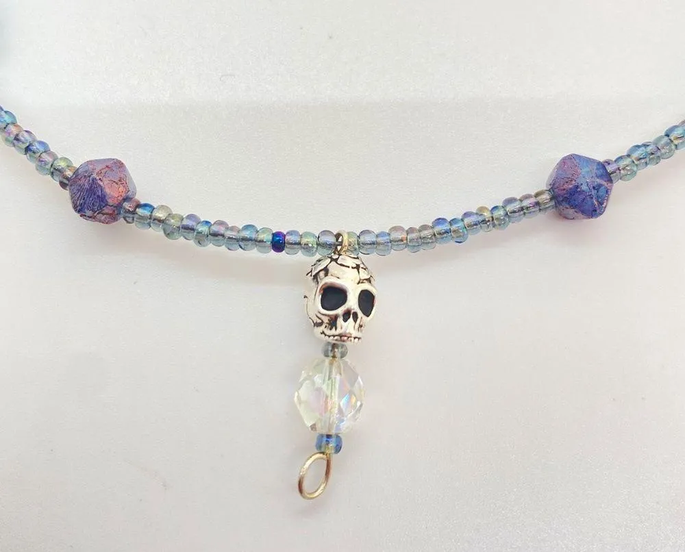 Silver Skull Pendant on Blue Shades Glass Beaded Necklace - Image 2