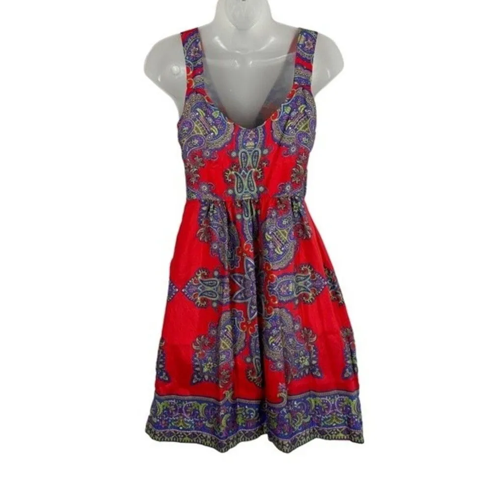 Silk Boho Dress Red Paisley Print Size 2 - Image 3