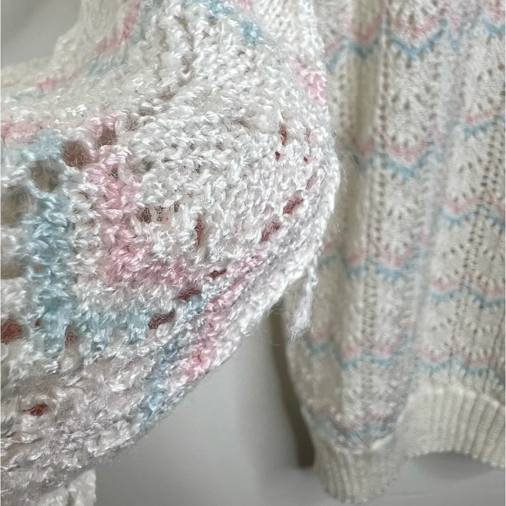 Vintage Billie Jo Open Knit Pastel Sweater Fits like a medium Blue Pink Chevron - Image 6