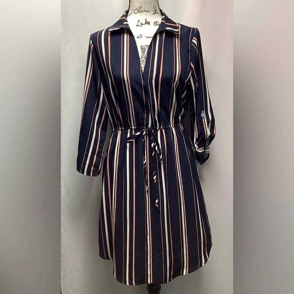 She + Sky mini dress with curved hem. Navy, coral and cream stripes. Size Large - Image 11