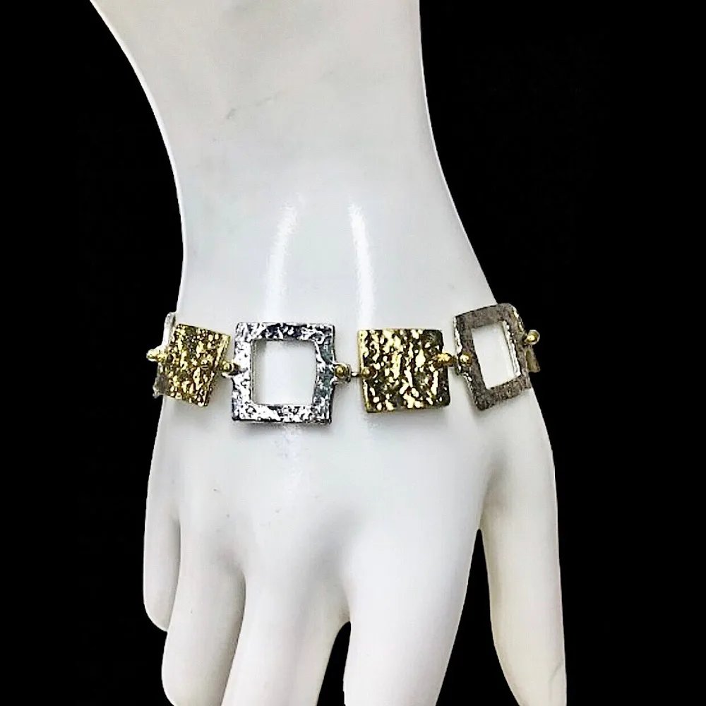 HAMMERED Two Tone Square Earrings and Bracelet Set Gold - Image 3