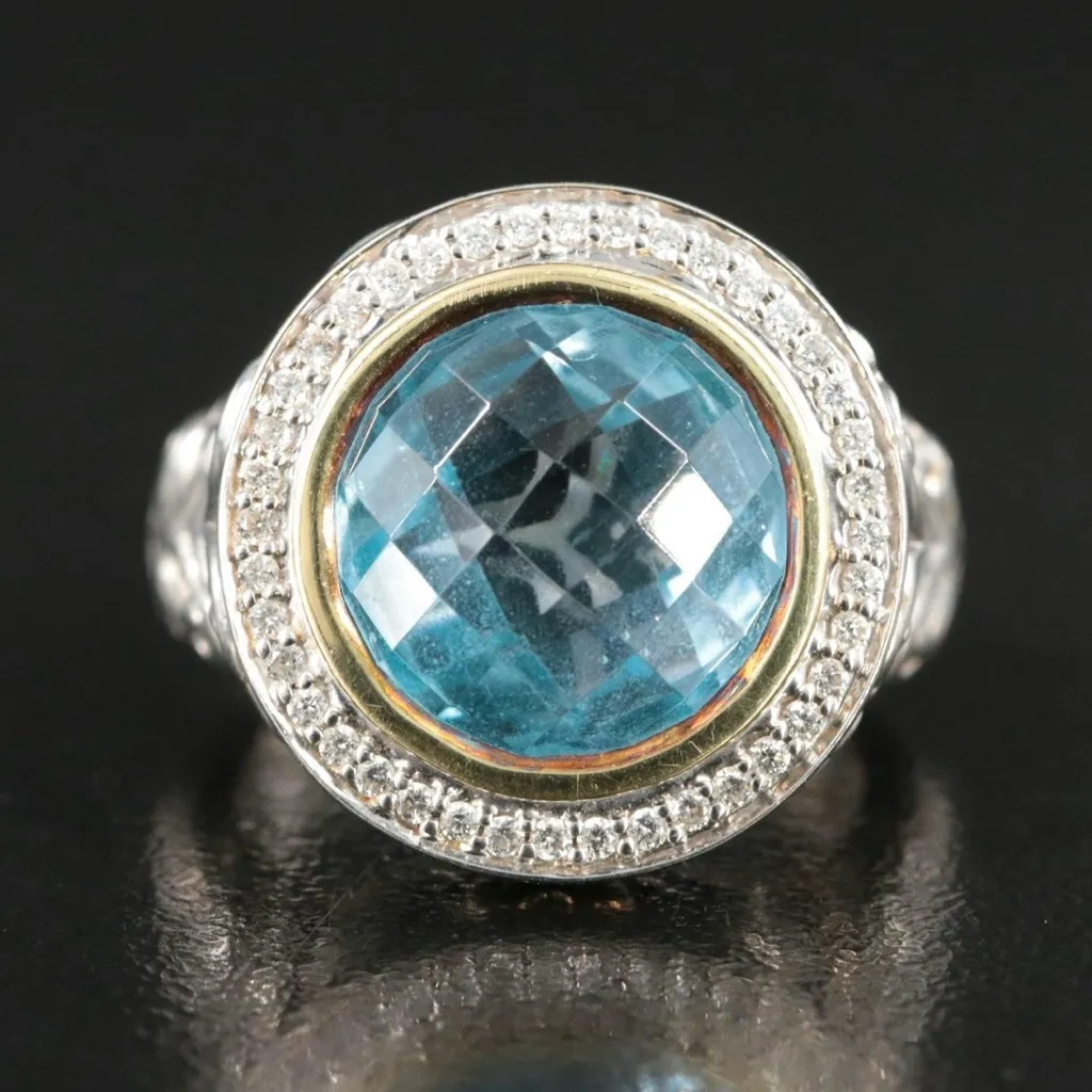 CHARLES KRYPELL STERLING SILVER & 18K GOLD TOPAZ & DIAMOND COCKTAIL RING (5.75) Blue - Image 2