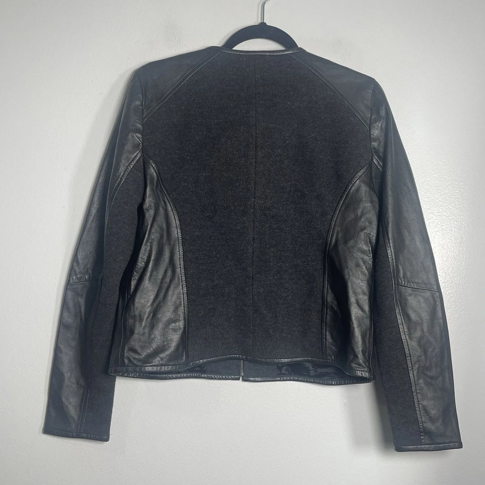 EILEEN FISHER Felted Merino Doubleknit Leather Trim Coat Small Black Gray NEW - Image 6