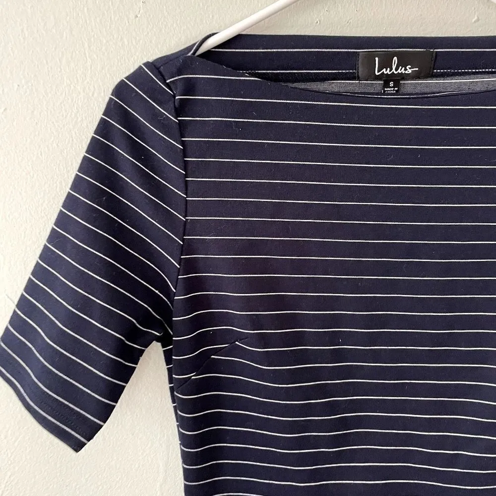 Lulus navy blue white striped bodycon dress short sleeves comfortable boat neck - Image 2