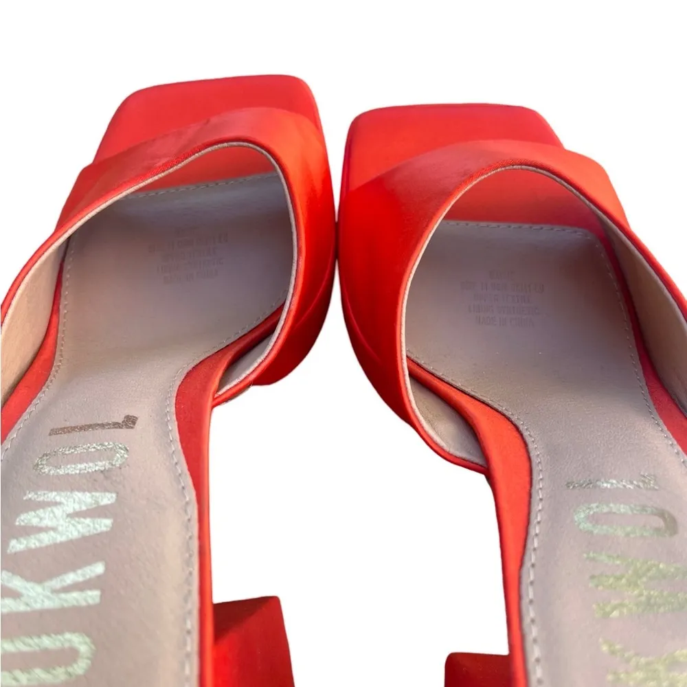 Nokwol Macie Platform Square Toe Heeled Mules Sandals in Red Orange Satin 11 - Image 8