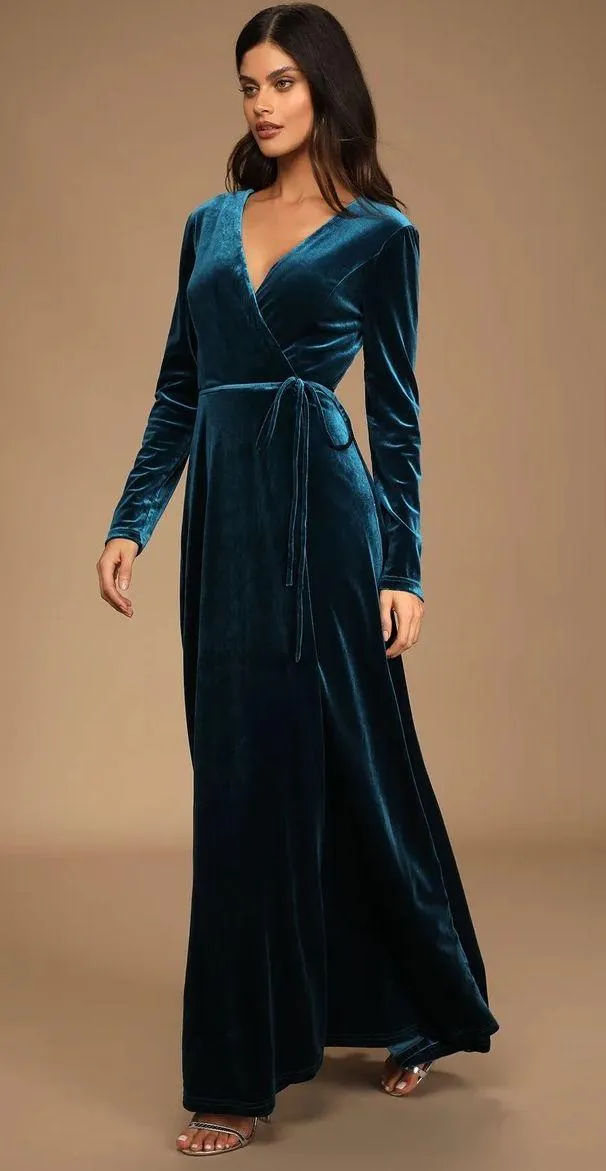 Jacinda Teal Blue Velvet Wrap Maxi Dress - Image 2