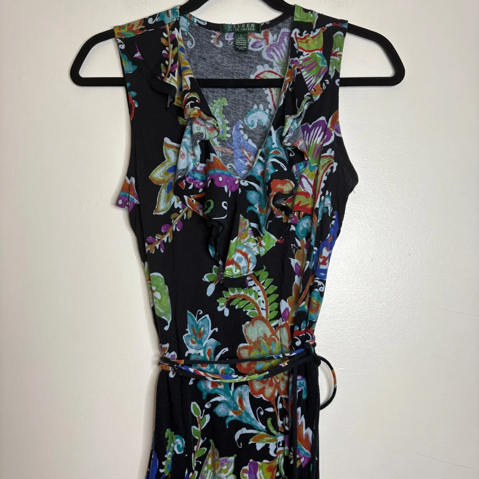 Lauren Ralph Lauren Black Paisley Ruffle V Neck‎ Sleeveless Maxi Dress Belted L - Image 2