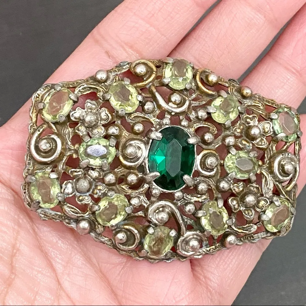 Unique Vintage Austro-Hungarian? Peridot Emerald Green Ornate Flower Brooch - Image 7