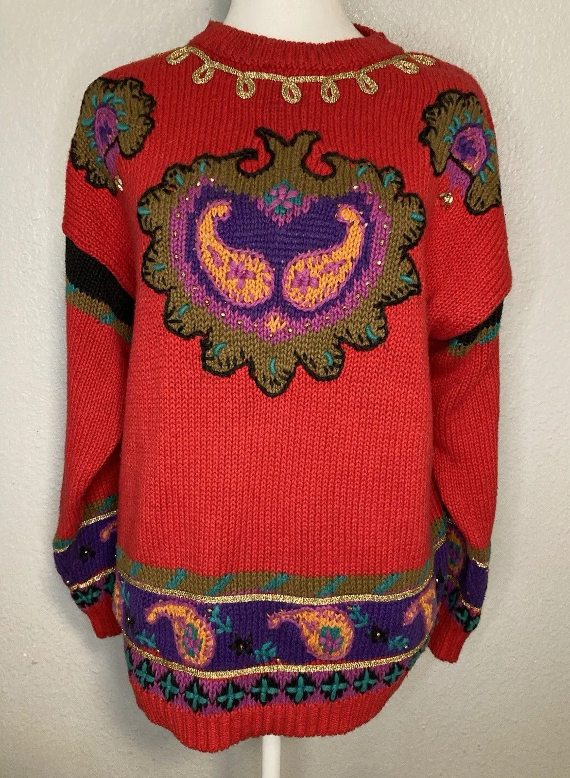 VTG 90s Rebecca Stone L Pop Artsy Sweater Boho Indie Ribbon Embellish Granny Size L - Image 1