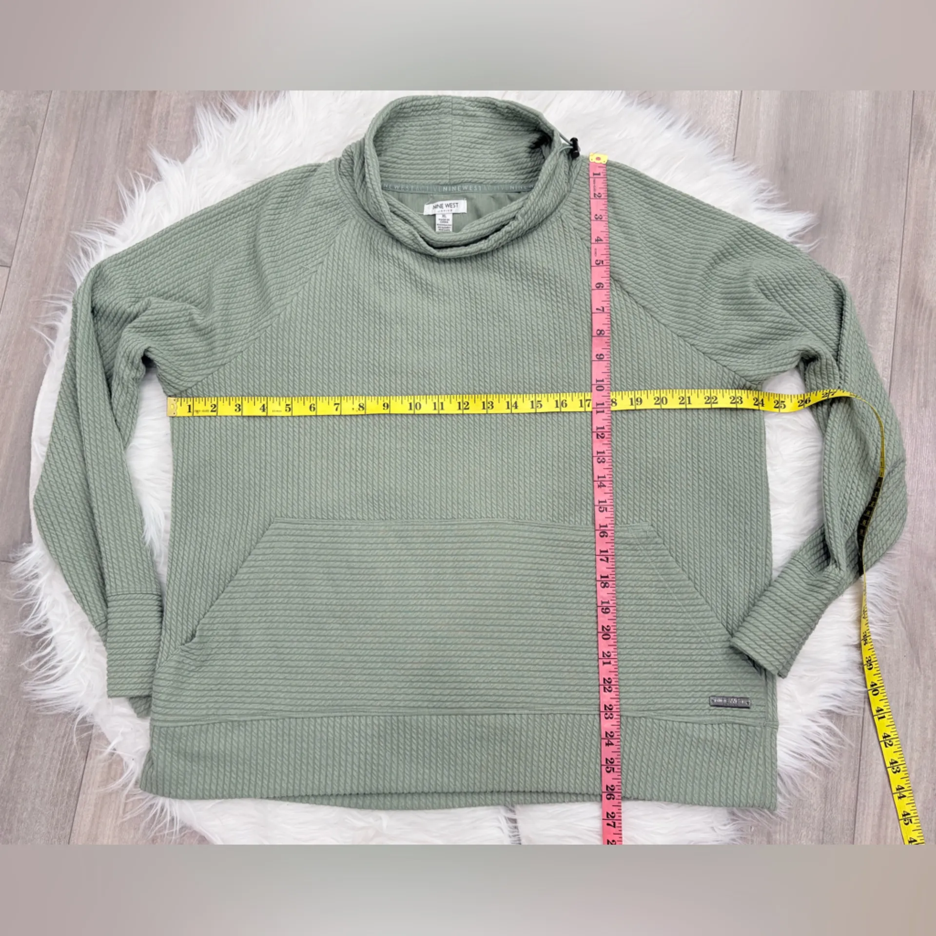 Nine West Sage Green Waffle Knit Hoodie Size XL - Image 3