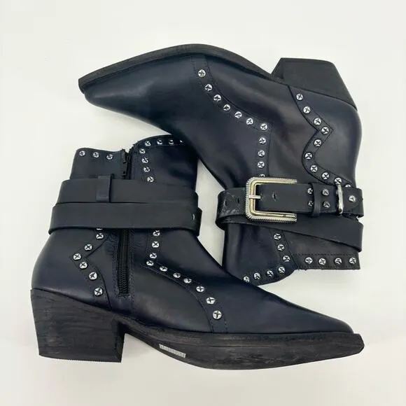 Free‎ People Billy Western Boots Size 8.5 Buckle Studs Pointed Toe Black - Image 9