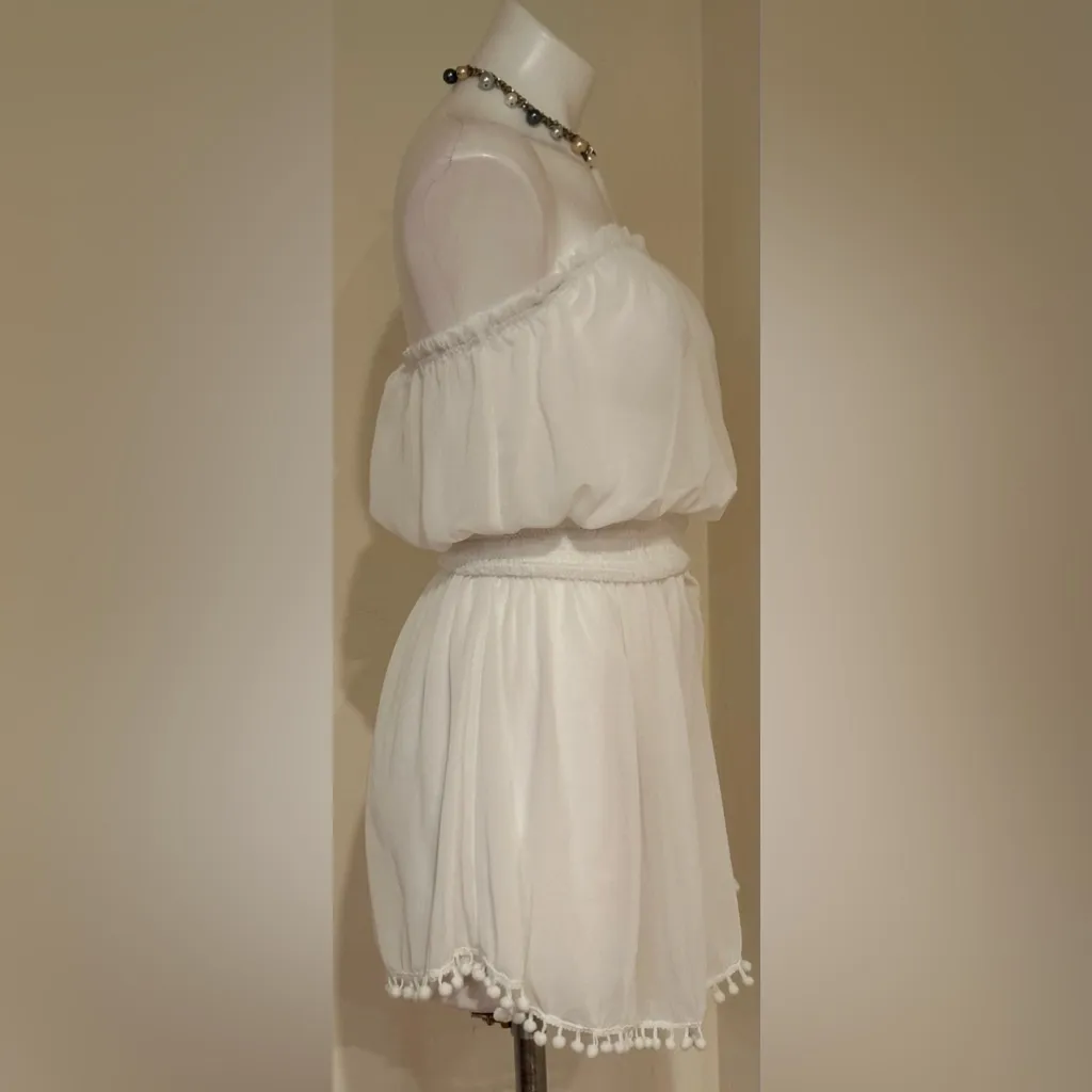 CUPSHE White Sheer Strapless Bathing Suit Cover Up with Pom Pom Hem Sz S/M - Image 2