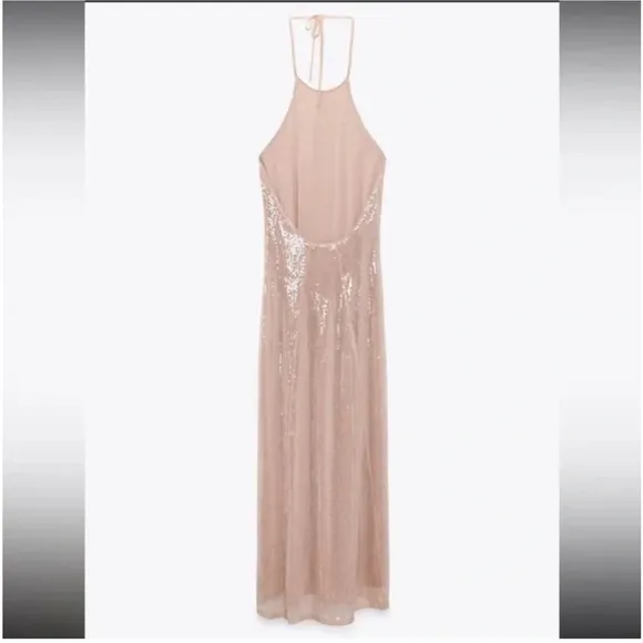 ZARA NWOT‎ Sequin Long Open Back Halter Dress Size Medium - Image 3