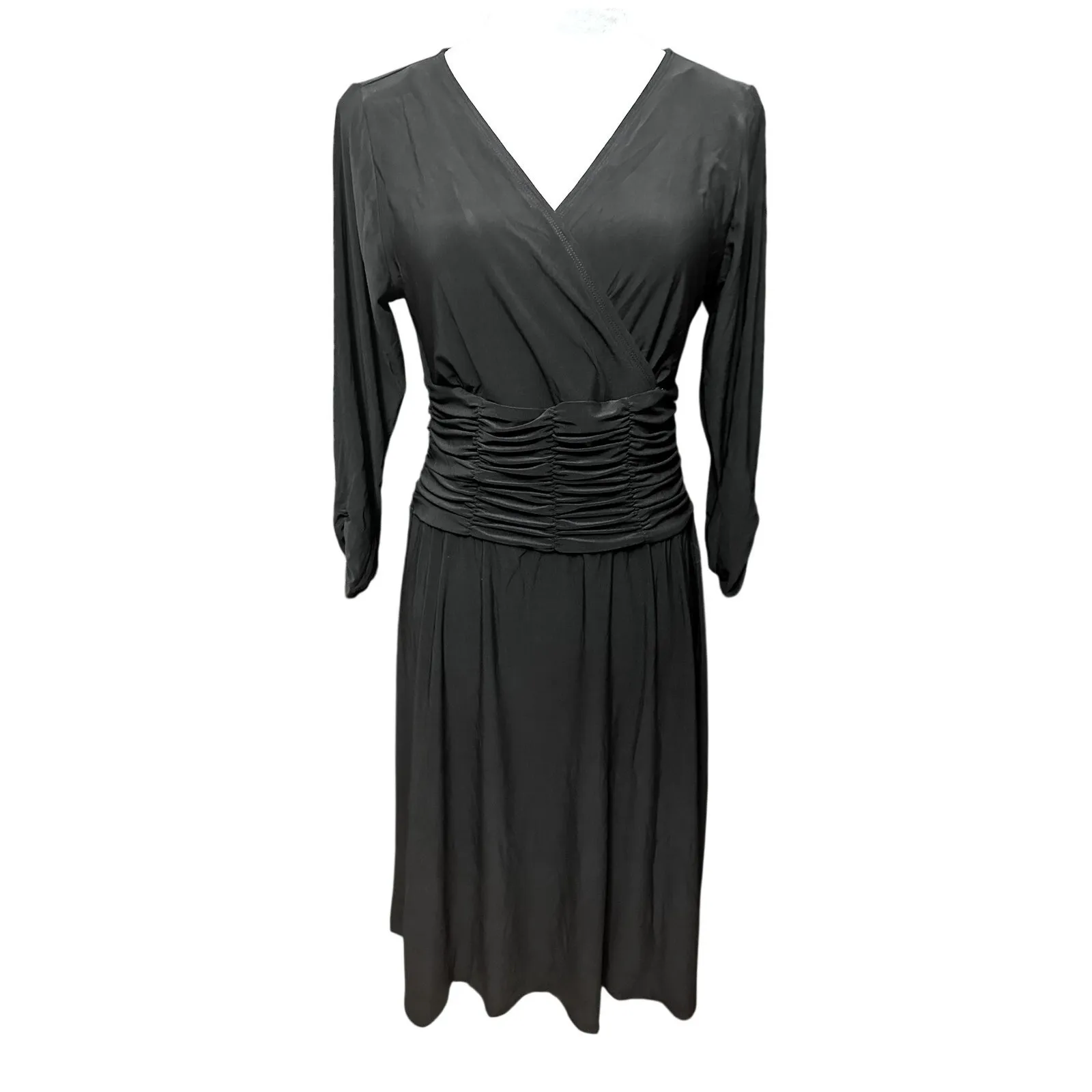 NY Collection Women's Ruched A Line 3/4 Sleeve Knee Length V Neck Dress MP NWT - Image 2