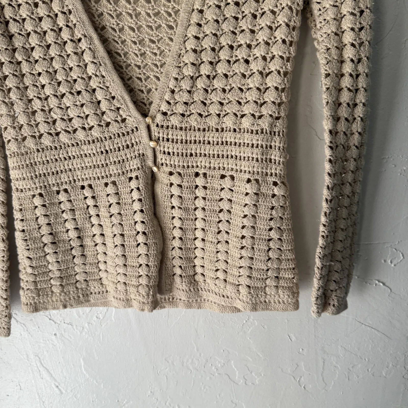 Eddie Bauer Sweater Womens XS Hand Crocheted Linen Cotton Cardigan‎ Boho Knit - Image 3
