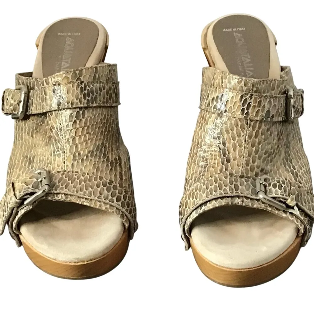 Aquatalia Beige & Brown Snake Embossed Leather Wood Platform Open Toe Women US 8 - Image 2