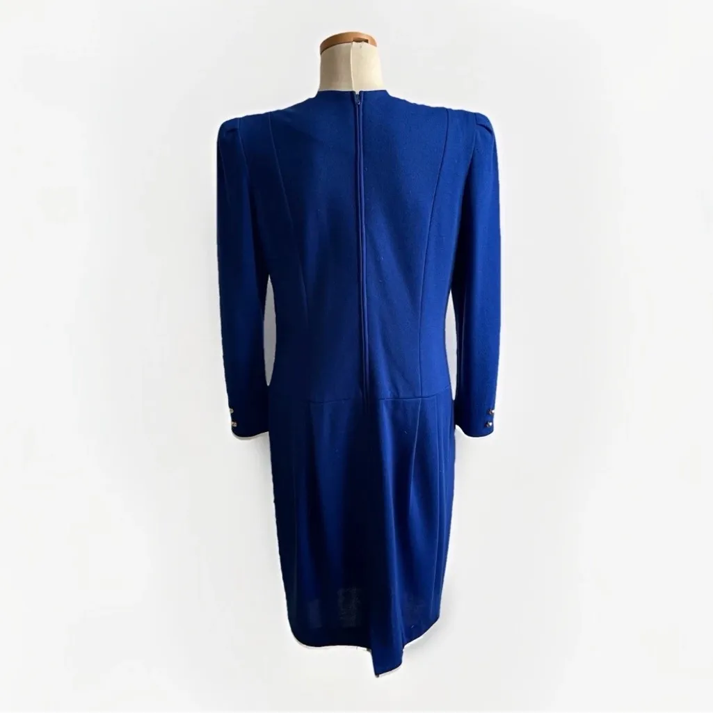 Vintage 80s David Warren Blue Knit Dress Midi Wool Gold Buttons Money ILGWU 10 P Size 10P - Image 2