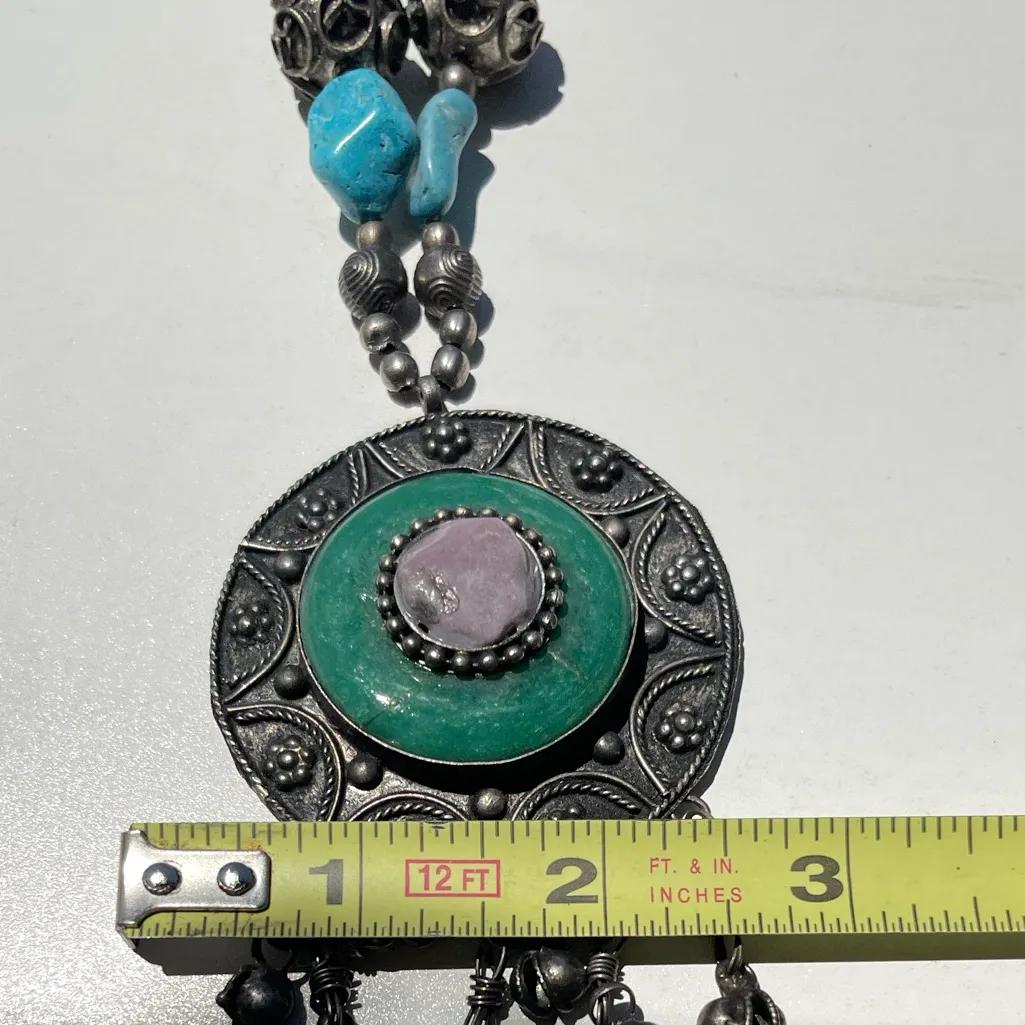 Vintage Boho Tribal Medallion Pendant Necklace Carnelian Turquoise Multistone Blue - Image 11