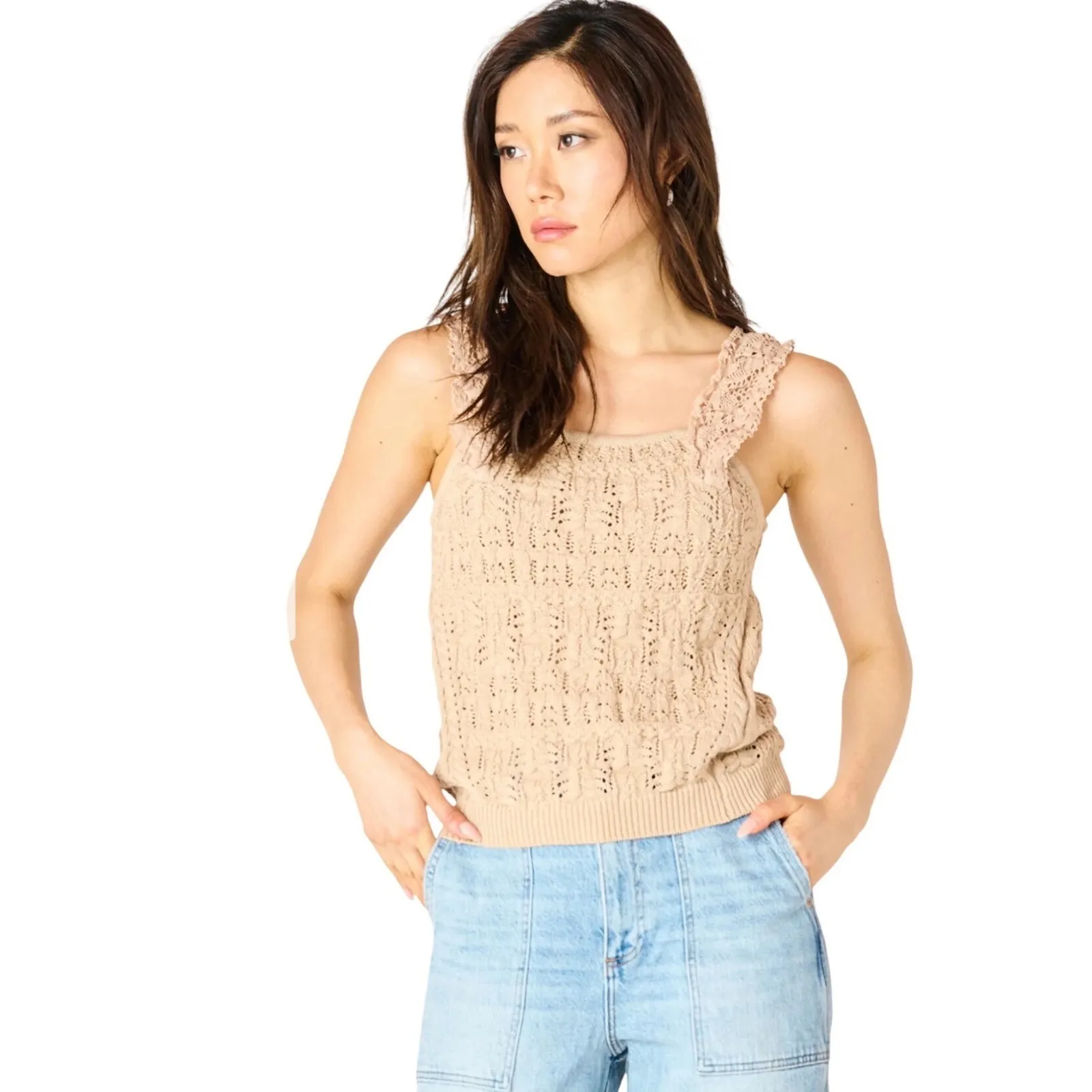 Dex Cream Crochet Knit Tank Top with Lace Ruffle Straps | Boho Cottagecore NWT Size M - Image 9