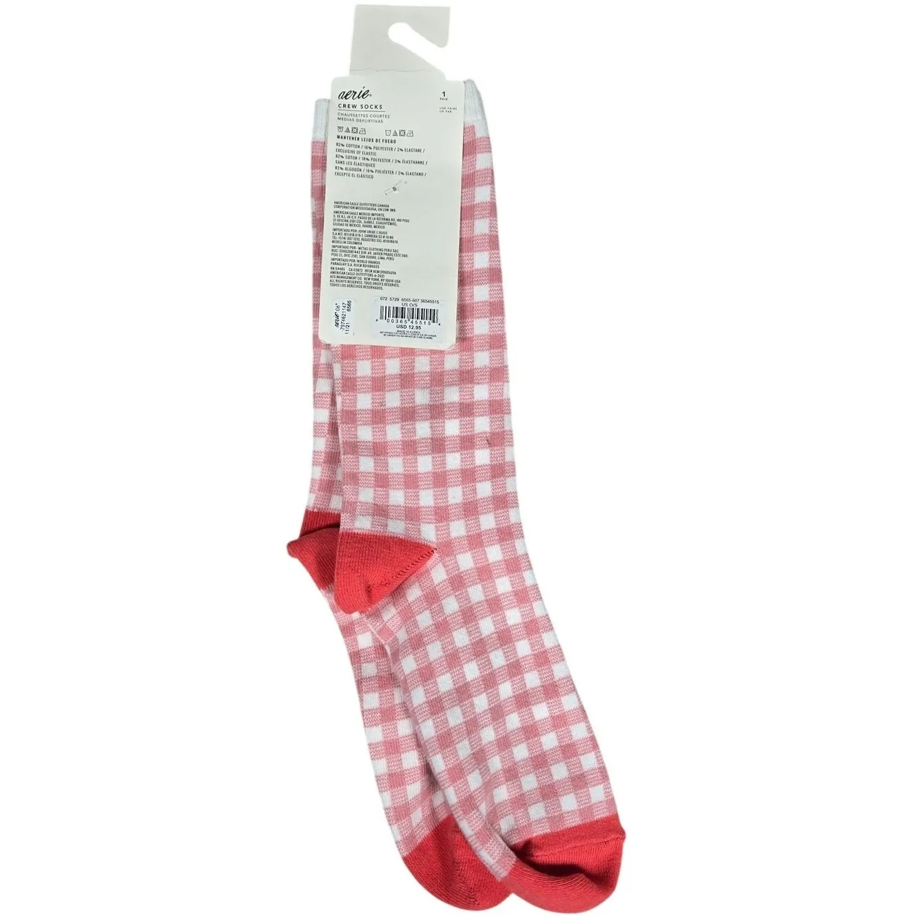 Aerie Crew‎ Socks Red White Gingham Plaid Cotton Blend Casual Comfort Size OS - Image 2