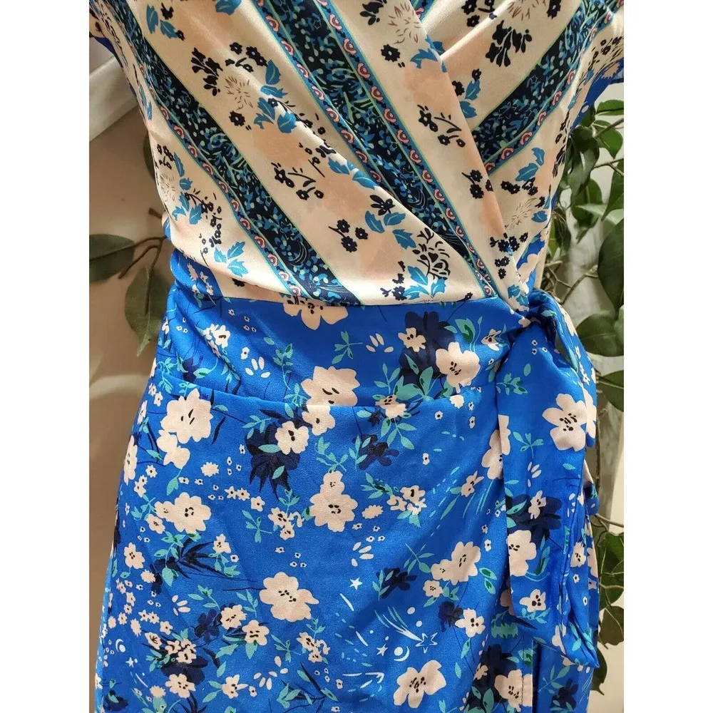 Womens Multi Floral Cotton Wrap V Neck Casual Short Sleeve Long Maxi Dress M Size M - Image 3