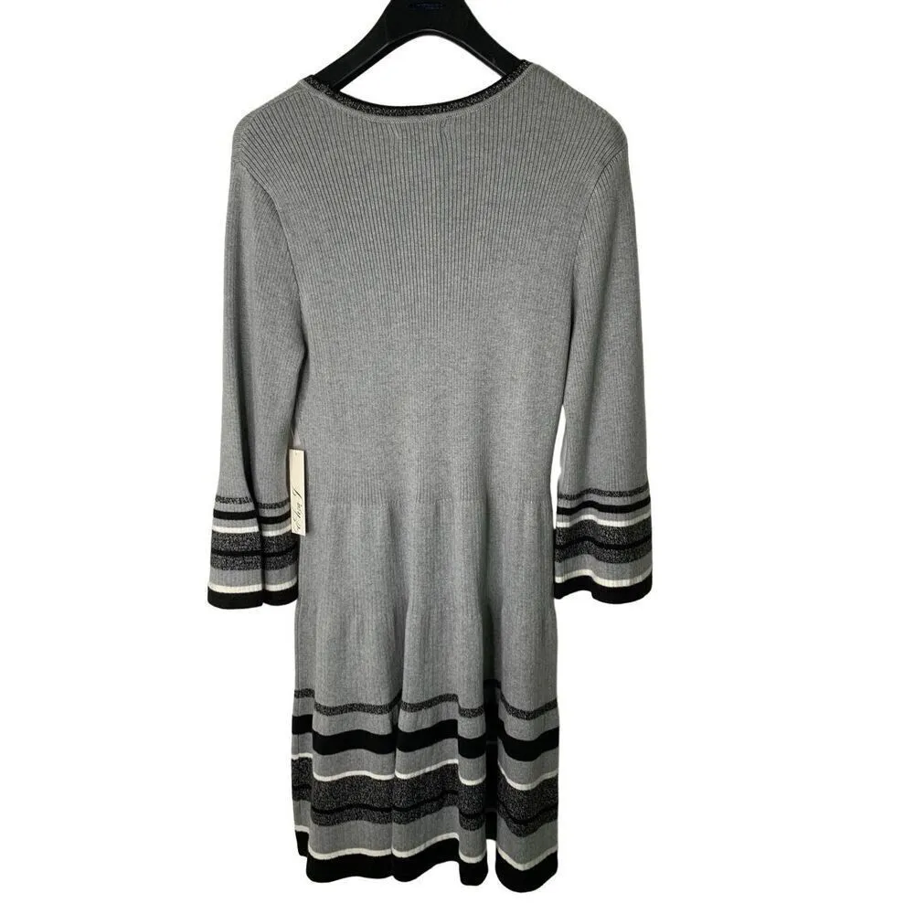 Eliza J Dress Striped Bell Sleeve Office Knit Gray Ribbed Crewneck XL NEW NWT - Image 2