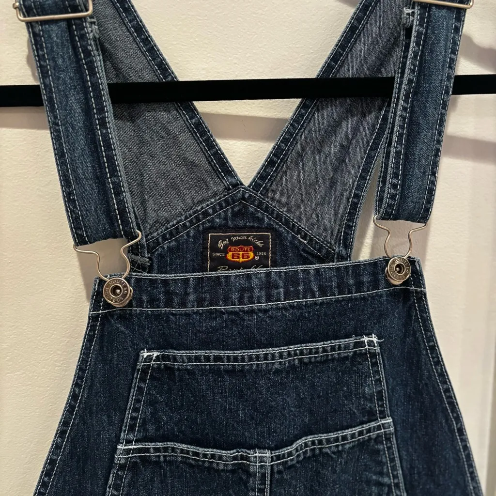 Route 66 Vintage 90's Denim Overall Long Jorts 100% Cotton Dark Wash Size M - Image 4