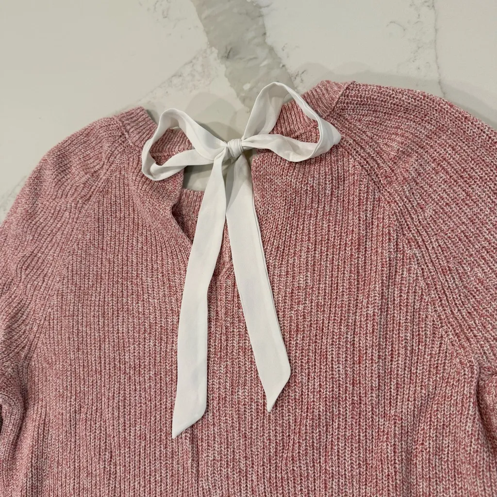 Loft Knit Crewneck Sweater Keyhole Tie-Back Ribbon Bow Detail Womens Large Pink - Image 8