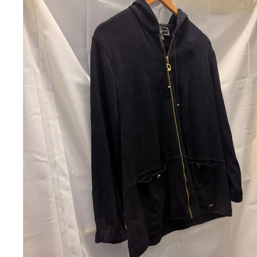 St John Sport by Marie Gray Black Knit Hooded Jacket with Gold Zipper XS Fall‎ - Image 3
