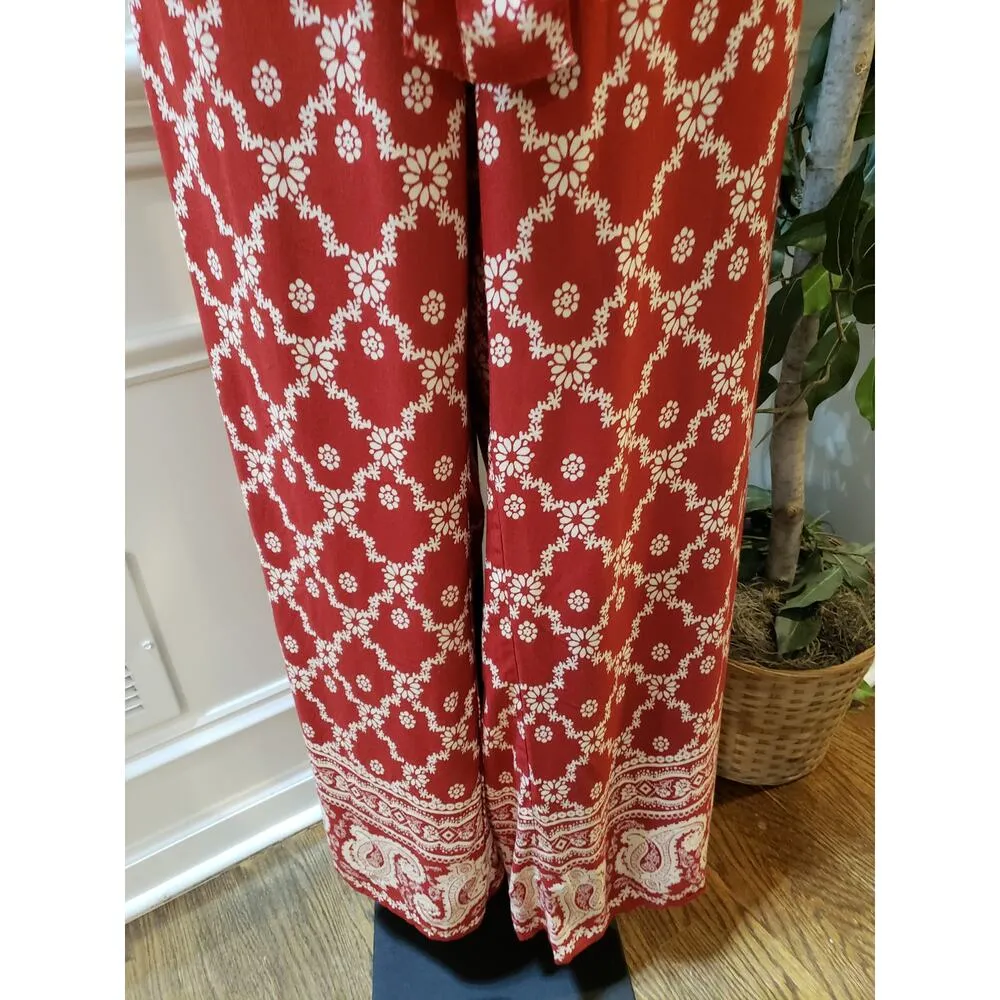 New York & Company Jumpsuit Womens Large Red Floral Strapless Tie Waist Wide Leg - Image 12