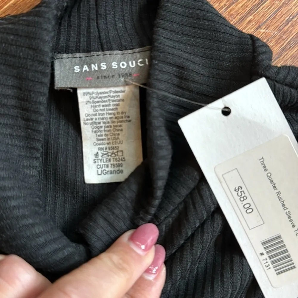 NWT‎ Sans Souci ruched sleeve top, black, L - Image 2