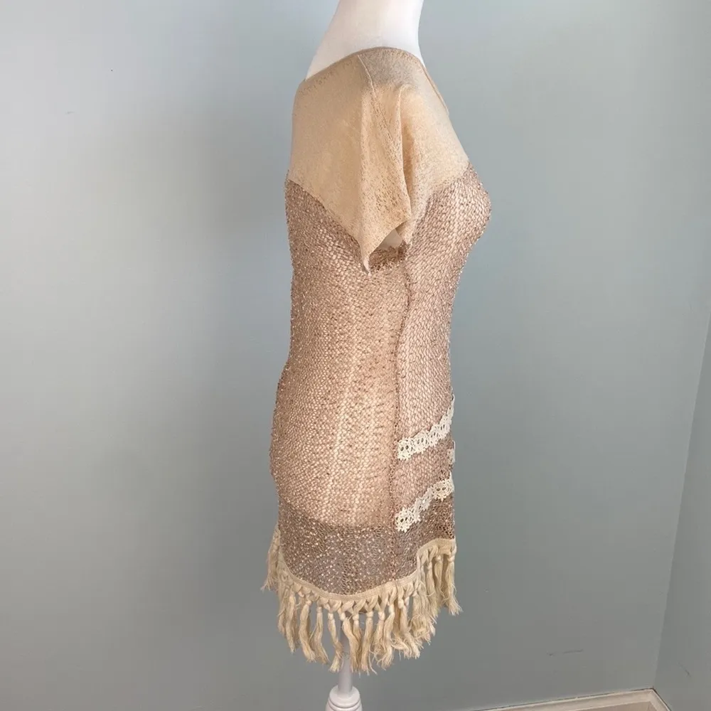 A’reve Cream Open Knit Crochet Cap Sleeve Dress Fringe Hem Embroidered Lace Sz S White - Image 7