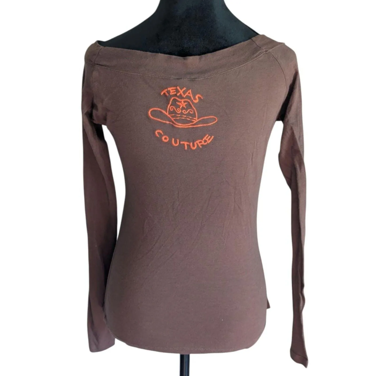 Texas Couture Rhinestone Studded Long Sleeve Top XL Western Biker Grunge Brown - Image 6