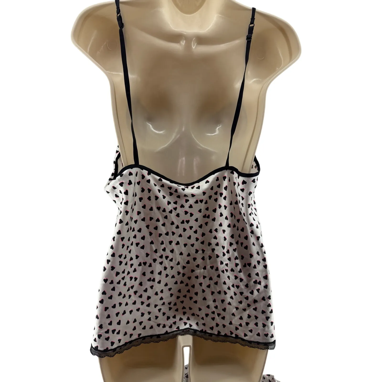 Victoria Secret Satin Sleepwear Black Neon Pink Heart Cami Shorts Set XLarge - Image 7