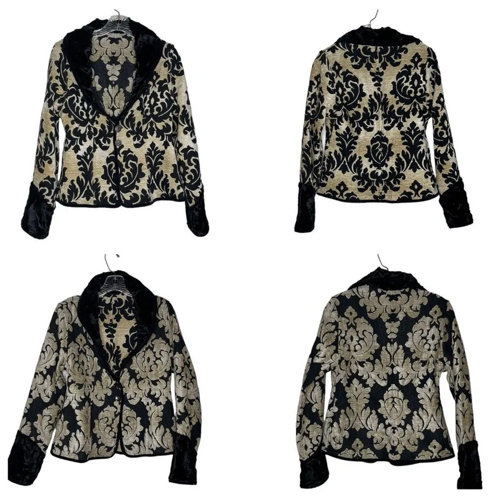 TAPESTRY Jacket Blazer Reversible Black Beige Plush Collar Cuffs 2 Buttons - Image 10