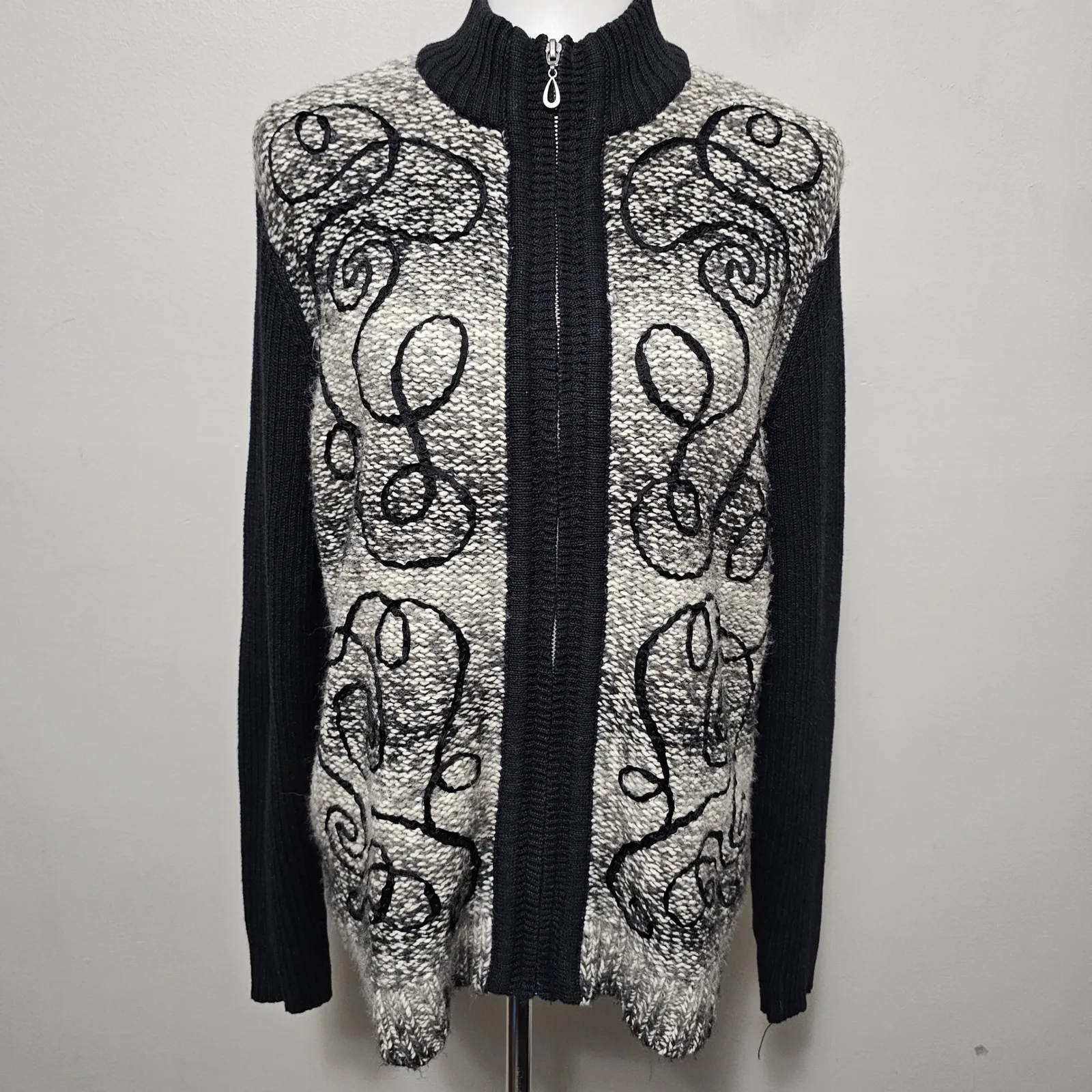 Breckenridge Black White Full Zip Mock Neck Sweater Jacket Size L Scandinavian - Image 2