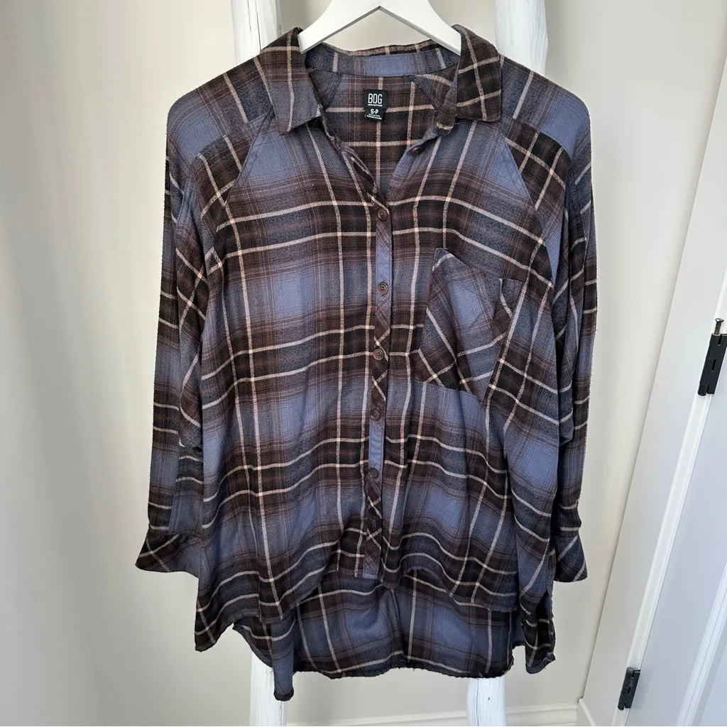 BDG Urban Outfitters Brendan Plaid Blue and Brown Oversized Flannel Shirt - Image 3