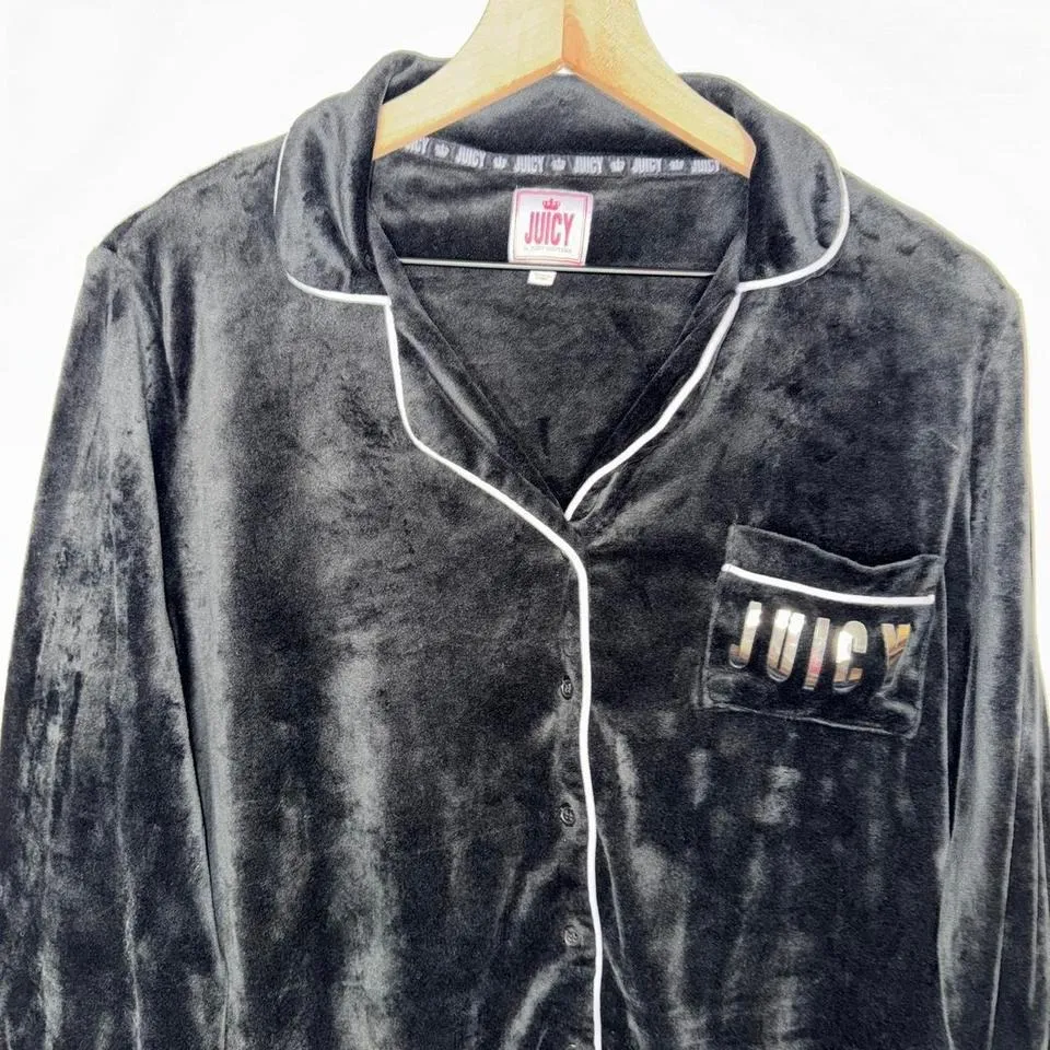 Vintage Juicy Couture Y2K Black Velour Pajama Top Collared Button Up Long Sleeve - Image 4