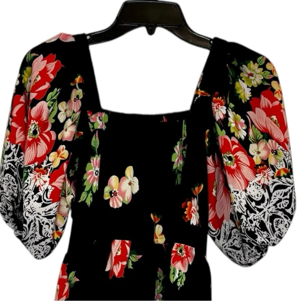 Floral Black Dress with String Belt Puff Sleeve Size XL - Image 2